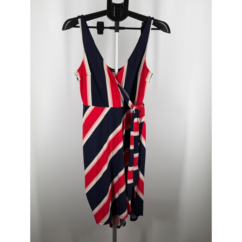Express Women Navy Blue Red White Striped Faux Wrap High Low Midi Dress S‎